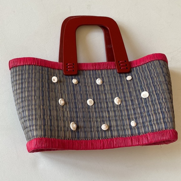 Vintage straw wicker boho wooden red handle purse - Picture 2 of 9